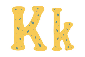 Funny alphabet letters with hearts, colored doodles on white background. Letter K in cartoon style. Hand drawing. Vector illustration for children. Wrapping paper, decoration, design of nursery