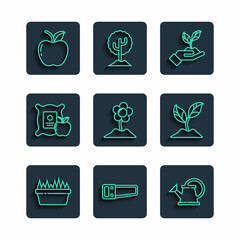 Set line Fresh grass in a rectangular, Hand saw, Watering can, Plant hand of environmental, Flower, Apple the sack, and icon. Vector