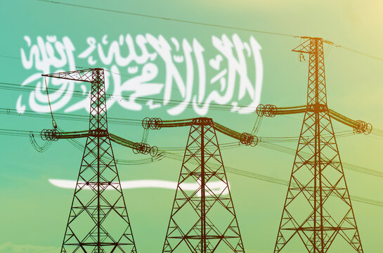 Double exposure - power line, tower and flag Saudi Arabia