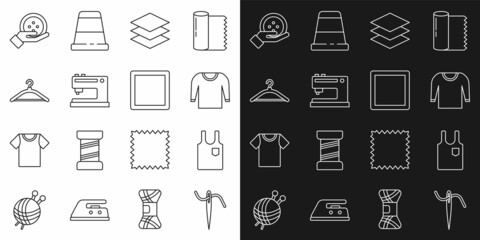Set line Needle for sewing with thread, Sleeveless T-shirt, Sweater, Layers clothing textile, Sewing machine, Hanger wardrobe, button and Pattern icon. Vector