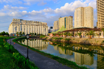Amazing city landscape with beautiful cloudy sky and Ardagani lake
