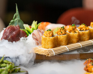 Assorted japanese sushi ans sashimi on a table