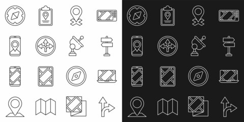 Set line Road traffic sign, City map navigation, Location, Compass and Radar icon. Vector