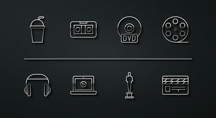 Set line Paper glass with straw, Headphones, Film reel, Movie trophy, Online play video, VHS cassette tape, clapper and CD or DVD disk icon. Vector