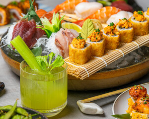 Assorted japanese sushi ans sashimi on a table