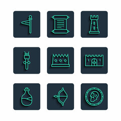 Set line Old bottle of wine, Medieval bow and arrow, Ancient coin, Castle tower, King crown, Torch flame, flag and castle gate icon. Vector