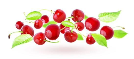 Cherry isolated on white background, fresh cherry with stems and leaves, berry collection. Natural food