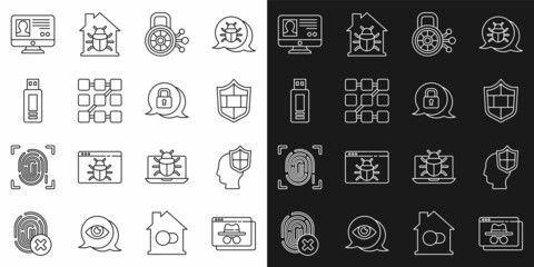 Set line Browser incognito window, Head with shield, Shield brick wall, Cyber security, Graphic password protection, USB flash drive, Create account screen and icon. Vector