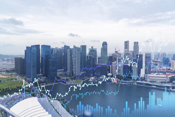 Fototapeta na wymiar Financial stock chart hologram over panorama city view of Singapore, business center in Asia. The concept of international transactions. Double exposure.