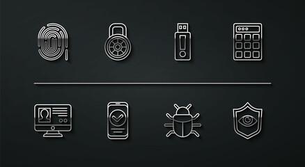Set line Fingerprint, Create account screen, Password protection, System bug, Smartphone, Safe combination lock, Shield and eye and USB flash drive icon. Vector