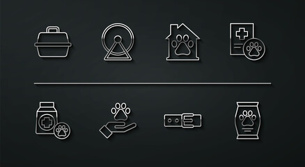 Set line Pet carry case, Bag of food, Clinical record pet, Collar with name tag, Hands animals footprint, Hamster wheel, and house icon. Vector