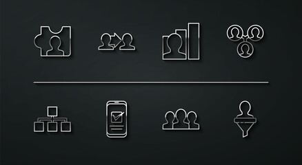Set line Head hunting, Hierarchy organogram chart, Project team base, Users group, Smartphone, and Productive human icon. Vector