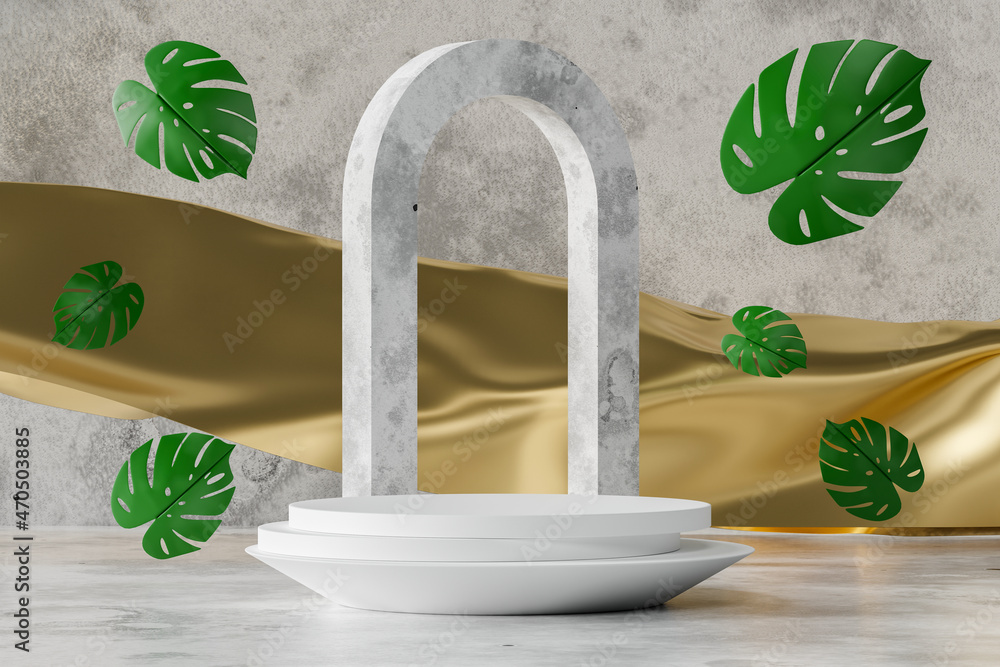 Poster 3d rendering empty white podium with monstera leaves on concrete background. abstract scene for prod