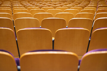 Upholstered chairs in an empty concert hall. Pandemic