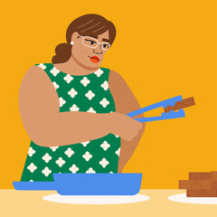 Illustration of older woman frying lumpia