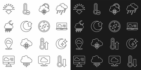 Set line Meteorology thermometer, Moon and stars, Weather forecast, Cloud with snow sun, rain moon, Sunset and Compass icon. Vector