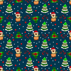 Vector Сhristmas seamless patternn with Christmas tree, balls, gingerbreads, confetti, gift boxies.