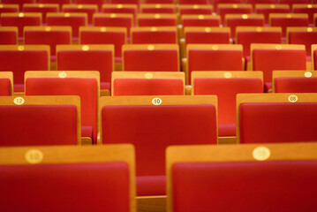 Upholstered chairs in an empty concert hall. Pandemic