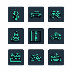 Set line Cargo ship with boxes, Bicycle, Tow truck, Road, Traffic cone, Rocket fire and Taxi car icon. Vector