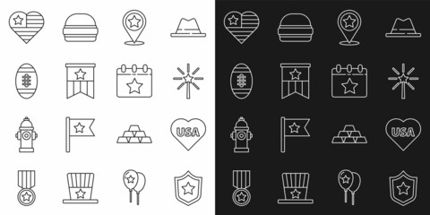 Set line Police badge, USA Independence day, Firework, American flag, Football ball, and Calendar with date July 4 icon. Vector