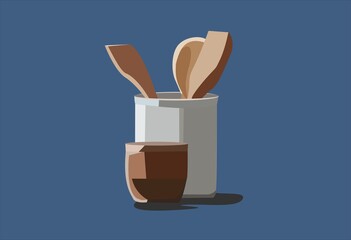 Serving spatulas in a white bowl and a brown bowl for sauces and oils.