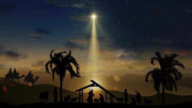 Christmas Scene with twinkling stars and brighter star of Bethlehem with nativity characters animated animals and trees. Seamless Loop of Nativity Christmas story under starry sky and moving clouds 4k
