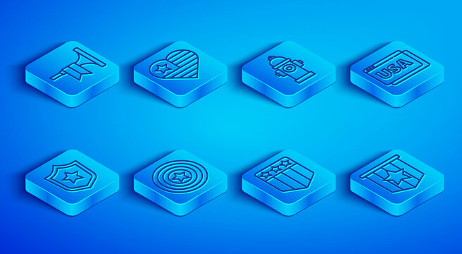 Set line Trumpet, USA Independence day, Fire hydrant, American star shield, Shield with stars, on browser, Police badge and flag icon. Vector