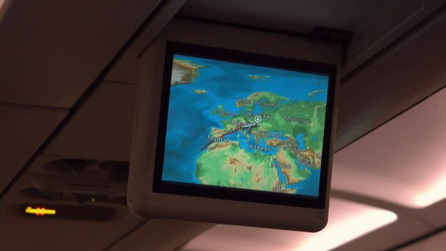 LCD monitor showing a map in the airplane in 4K
