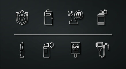 Set line Police badge, Military knife, Hand grenade, Protest, Pepper spray, assault shield, Walkie talkie and icon. Vector