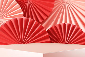 Chinese new year, Podium display mockup on pink abstract background with red hand paper fan, Stage for product minimal presentation, 3d rendering.