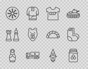 Set line Russian doll matryoshka, Jar of honey, USSR t-shirt, Tanker truck, Snowflake, Bear head, Rocket ship and Valenki icon. Vector