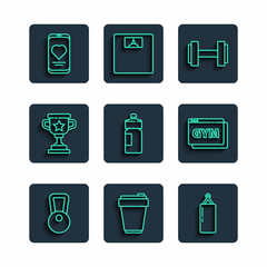 Set line Kettlebell, Fitness shaker, Punching bag, Dumbbell, Award cup, Mobile with heart rate and Online fitness and training icon. Vector