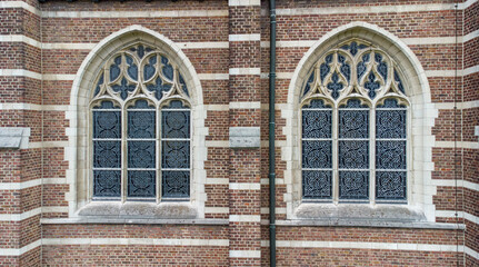Obraz premium Gothic church and cathedral stained windows. drone aerial view from above