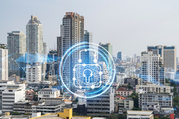 Padlock icon hologram over panorama city view of Bangkok to protect business in Southeast Asia. The concept of information security shields. Double exposure.