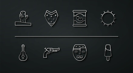 Set line Cactus, Mexican guitar, Sun, Aztec mask, Revolver gun, Poncho, Popsicle ice cream and Beans in icon. Vector