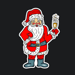 Vector Santa Claus with a glass,drinks champagne.Cute cartoon  character giving a congratulatory speech. Symbol of New Year. Christmas or New Year vector illustration.
