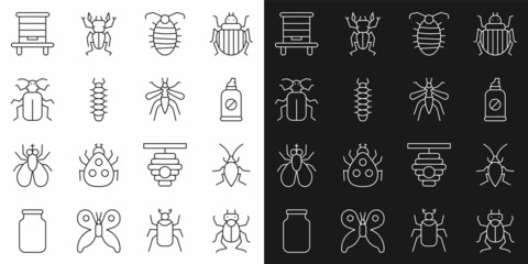 Set line Beetle bug, Cockroach, Spray against insects, Larva, Centipede, Chafer beetle, Hive for bees and Mosquito icon. Vector