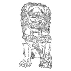 Imperial guardian lion, foo dog or fu dog in western languages and English. Stylized Chinese lion, female with a cub. Protect the building from harmful spiritual influences, threat from people.