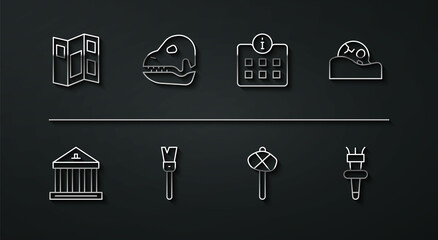 Set line Museum guide brochure, building, Human skull, Stone age hammer, Paint brush, Dinosaur, Torch flame and Information icon. Vector