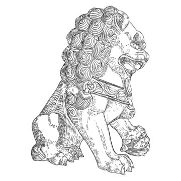 Imperial guardian lion, foo dog or fu dog in western languages and English. Stylized Chinese lion, female with a cub. Protect the building from harmful spiritual influences, threat from people.