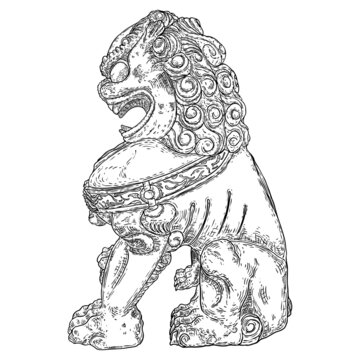 Chinese guardian lion statue hand drawn illustration. Traditional Chinese architectural ornament made of stone. Stone lion or shishi made for protection harmful spiritual influences. Vector.