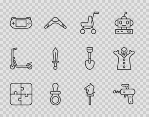 Set line Puzzle pieces toy, Ray gun, Baby stroller, dummy pacifier, Portable video game console, Sword, Toy horse and puppet doll hand icon. Vector