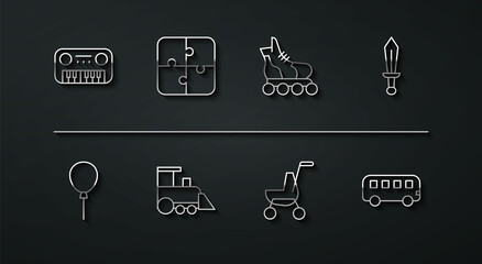 Set line Toy piano, Balloons with ribbon, Sword toy, Baby stroller, train, Puzzle pieces, Bus and Roller skate icon. Vector