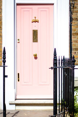 LIght pink front door with a golden dragonfly