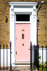 LIght pink front door with a golden dragonfly