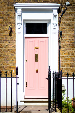 LIght pink front door with a golden dragonfly