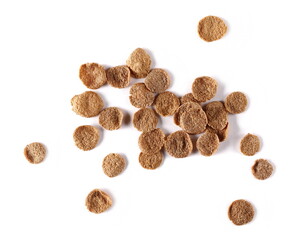 Crunchy corn flakes with cocoa, cereal, muesli pile isolated on white background, top view