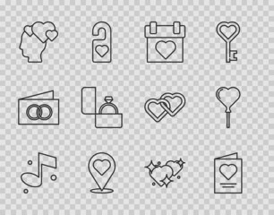 Set line Music note, Greeting card, Calendar, Location with heart, Head, Diamond engagement ring, Two Linked Hearts and Balloons form of icon. Vector