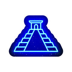 Blue neon chichen Itza building icon. Midnight blue. Neon mexican architectural itza design. Realistic neon icon. There is mask area on White Background.