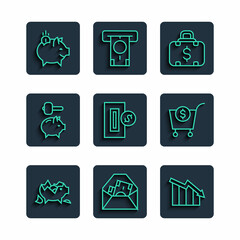 Set line Broken piggy bank, Envelope with dollar symbol, Financial growth decrease, Briefcase and money, Inserting coin, Piggy hammer, and Shopping cart icon. Vector